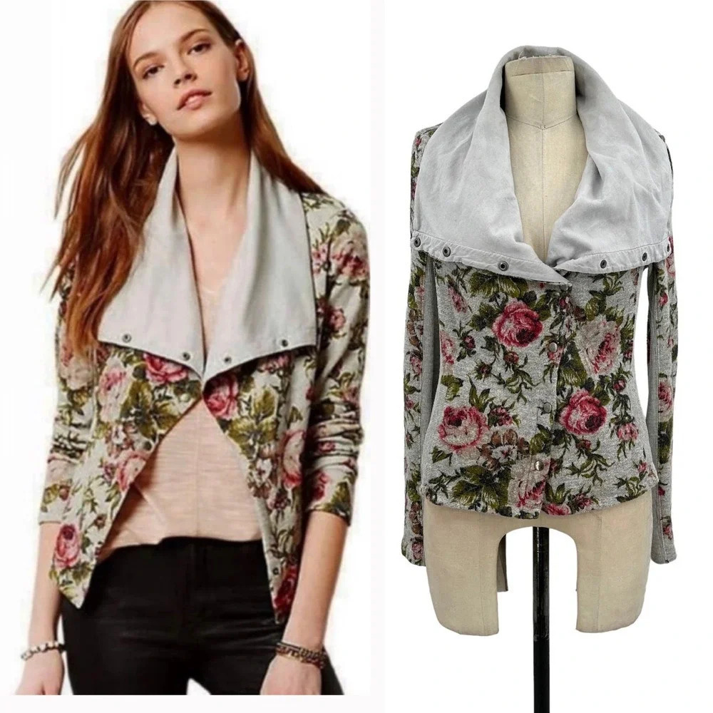 Anthropologie Saturday Sunday Florascape Moto Jacket Sweatshirt Gray Size Small